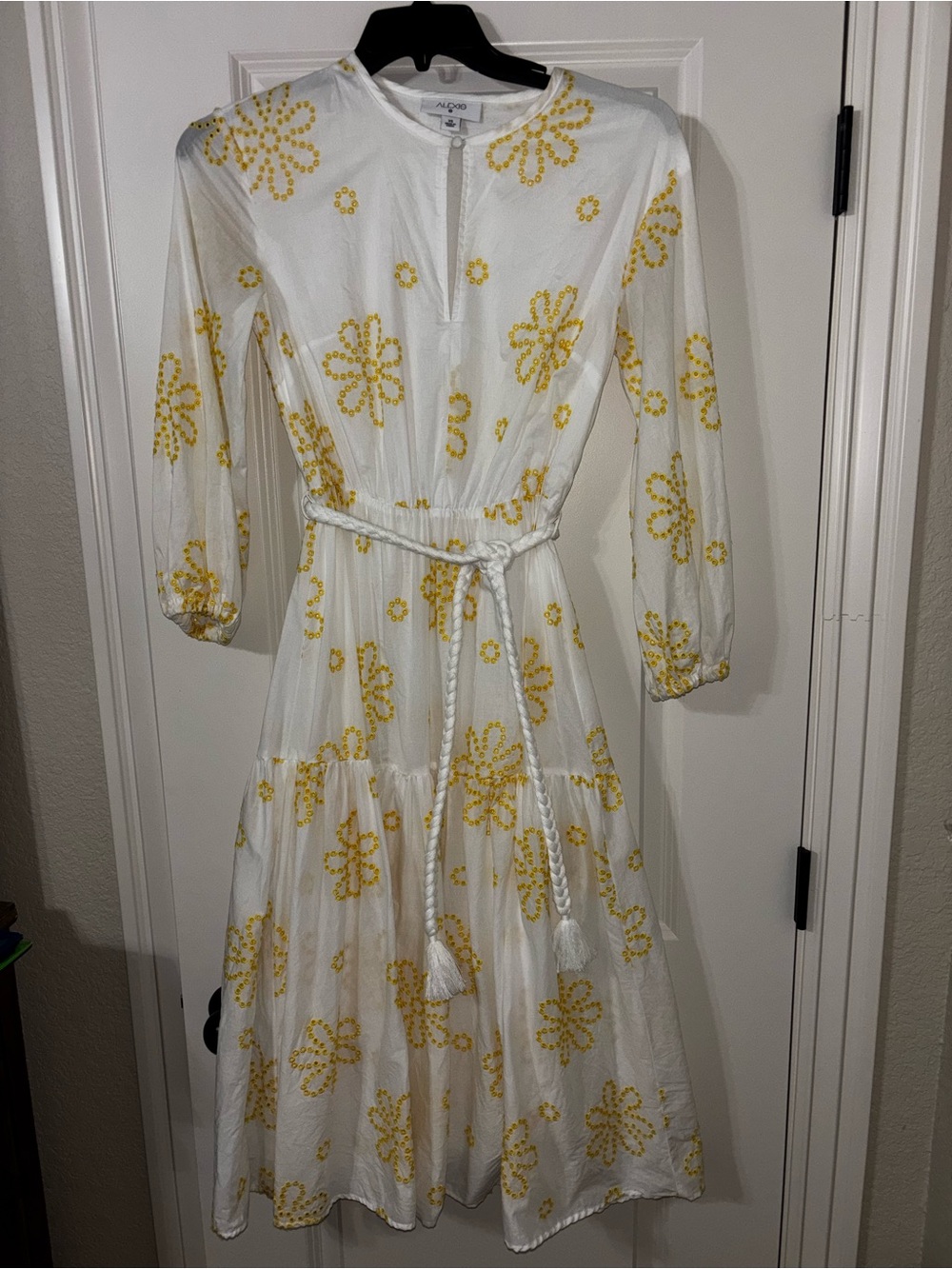 Alexis White Midi Dress with Yellow Floral Embroidery